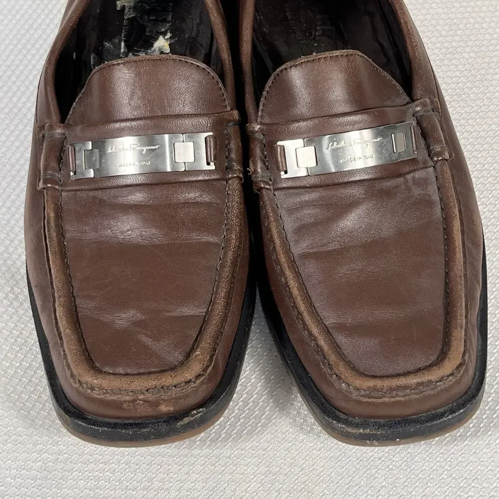 Salvatore Ferragamo Gancini Logo Plate Loafers Brown‎ Leather Men's Size 8.5 D